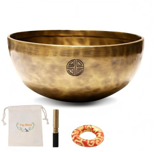 Fay Bless Handgefertigtes tibetisches Klangschalen-Set - Vollmond Nepalesische Meditationsklangschale für Yoga, Chakra-Heilung, Klangtherapie, Stressabbau, Achtsamkeit und Wohndekor (14 cm)