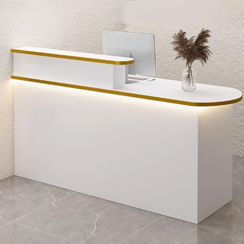 Moderner Salon-Rezeptionstresen mit LED-Lichtstreifen, eleganter Thekentisch in Weiß und Gold für Schönheitssalons und kleine Unternehmen – 1,3 m Büro-Empfangsmöbel