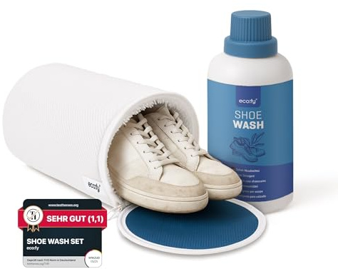 eco:fy Schuhwasch-Set mit Schuh Waschbeutel inkl. Waschmittel für Sneaker & Schuhe | tiefenwirksame Reinigung mit Wäschenetz | wiederverwendbar mit Reißverschluss | ohne Duftstoffe & Enzyme