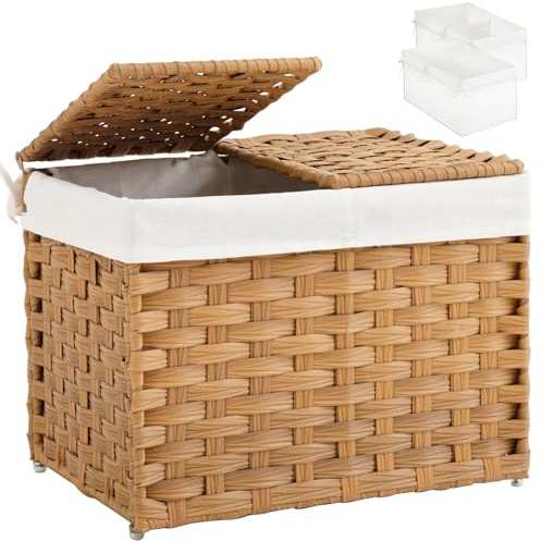 SETVSON Storage Basket with Lid Woven Wicker Baskets with 2 Separate Lid, 9.2 Gallon (35 L) Wicker Storage Bins with Handles, Foldable and 2 Removable Liner Bags for Bedroom, Laundry Room Natural
