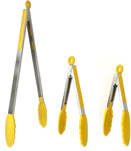 UPTALY 3 pcs Barbecue Tongs Set with Silicone Heads (45 cm / 28 cm / 23 cm), Yellow, SUS430 Stainless Steel, Suitable for Non-Stick Cookware, with Extra Long Handle, for Kitchen, Buffet, Baking