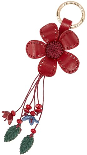 GORGECRAFT Porte Clés en Cuir Véritable Motif Feuille et Fleur Style Bohème Rouge Motif Floral Pompon en Alliage Pendentifs Esthétiques Breloques pour Clés de Voiture Portefeuilles Sacs à Main Bagues
