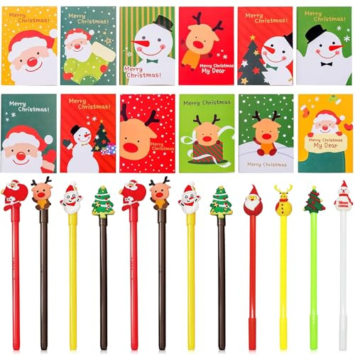 Sunshine smile Weihnachts Gelschreiber Set,12 Weihnachts Notizblock,12 Weihnachts Kugelschreiber,Kugelschreiber Weihnachten Set,Mini Notizblock Weihnachten,Weihnachten Schreibwaren Set