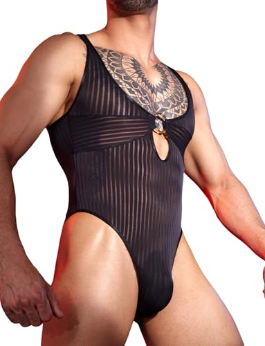 AIEOE Slim Fit Leotard for Men Sleeveless High Cut Stripe Bodysuit Super Elastic Muscle One Piece Bodysuit Vest Black