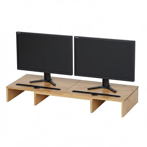 Relaxdays Monitorständer, 2 Monitore, ausziehbare Segmente, Breite 74-105 cm, ergonomische PC Ablage aus Bambus, Natur