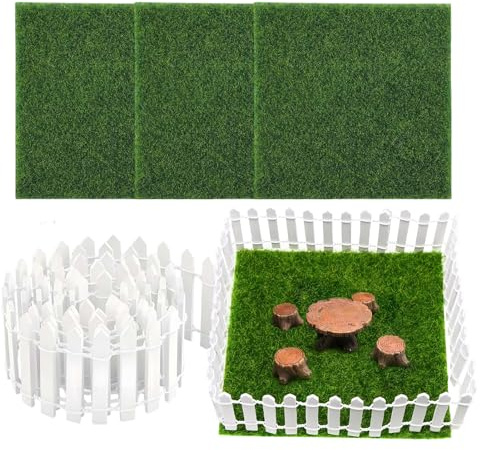 yakermur Mini-Lattenzaun, 89,9 cm, kleiner Lattenzaun, weiße Holzplatte mit 4 Kunstgras, dekorativ für drinnen und draußen, Zuhause, Mädchen, Kinder
