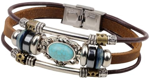 HUIANGLIYG Damen Lederarmband Vintage Türkis Stein Leder Wickelarmband Mehrschichtige Geflochtene Manschettenarmbänder mit Verschluss Bohemian Ethno Stil Schmuck Geschenk Braun 23Cm