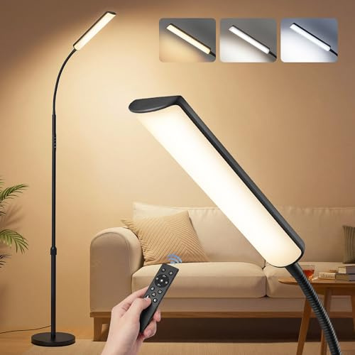 VASAGLE Lámpara de Pie, Altura Ajustable 141-175 cm, Lámpara Moderna de 15 W con Cabezal Flexible de 360°, Temporizador y Función de Memoria, Botón y Mando a Distancia, Salón, Negro Mate LFL007BD02
