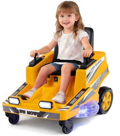 COSTWAY Kinder Elektroauto, 12V Elektro Rasenmäher mit doppelten Steuerhebeln, LED-Lichter, Dreh- und Wende-Funktion, Elektrofahrzeug für Kinder ab 3 Jahren (Gelb)