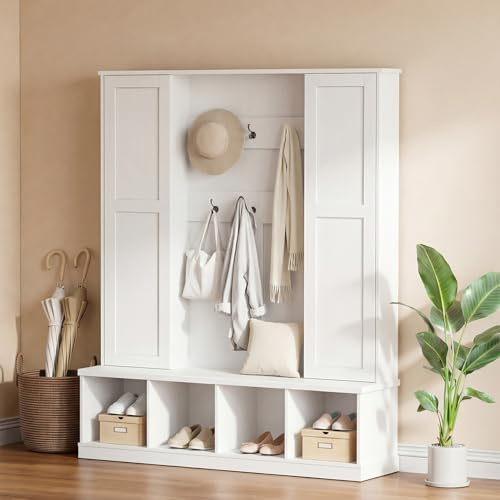 HAUSPROFI Garderobe Set, Flur Garderoben Komplettprogramme mit Schuhschrank Sitzbank, Wandgarderobe mit Ablage, Schlafzimmer Garderobenset, Flurmöbel Garderobe Set, Weiß (100×40×170 cm-2)