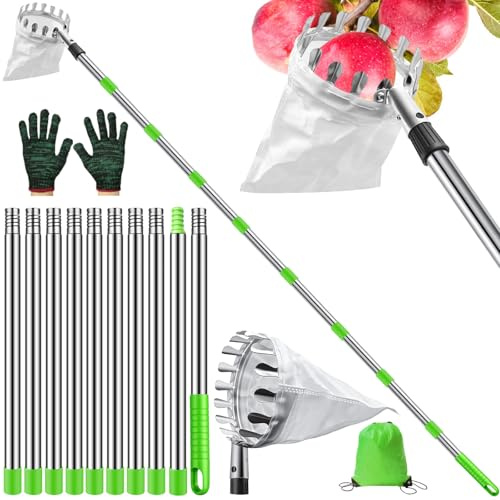 YADODO 4.2m Obstpflücker mit Teleskopstiel Korbnetz Handschuhe Kirschenpflücker Apfelpflücker mit Teleskopstiel Stainless Steel Obstsammler Apfelsammler für Kirschen Apfel Orange Pflaume Zitrone