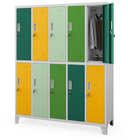 Jan Nowak Umkleideschrank Spindschrank Metall, 10 Fächer, abschließbar | Schließfachschrank für 10 Nutzer, Kleiderstangen, Lüftung, Etikettenhalter, Stahlkorpus und Wandmontage, 172x136x45 cm