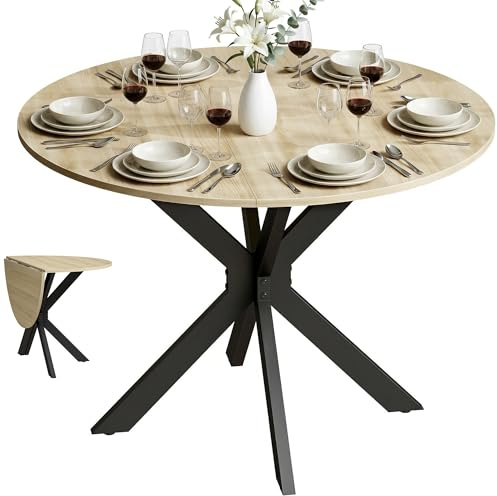 HOMCOM Tavolo da Pranzo Rotondo Pieghevole per 2-6 Persone, Ø110 cm Tavolo Cucina a Ribalta con Gambe a X in Acciaio, Piano Spesso, Salvaspazio per Soggiorno Sala da Pranzo, Color Legno