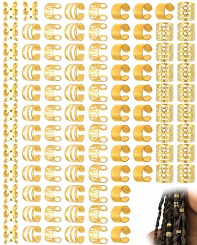 BIRLOZA 80 Piezas Accesorios para el Pelo Dreadlocks Anillos para Trenzas Joyería de Cabello para Festivales (Oro)