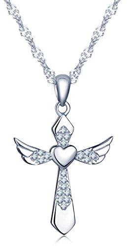 Unendlich U Collier pendentif en argent pur 925 la croix orné zircon brillant l'aile d'ange et le cœur cadeau pour femme fille jeunesse