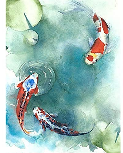 Japanese Koi Fish with Lilies Art Print Canvas Premium Wall Decor Poster japanisch Fisch Wand Deko