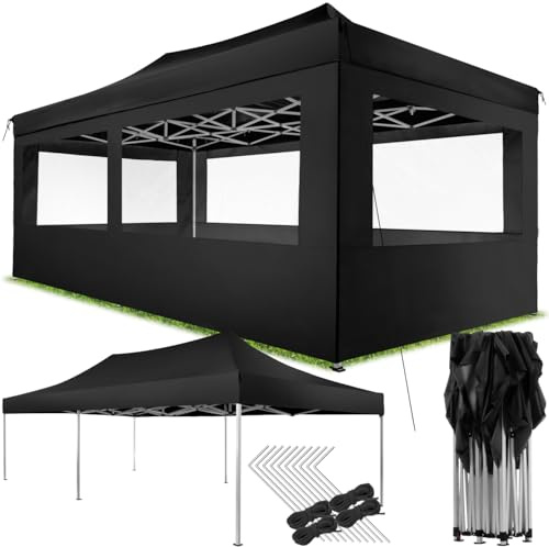 tectake® Folding Pop Up Gazebo - 3x6m, Water-repellent with Aluminium Frame, 4 Sidewalls with Windows, Quick Setup, Incl. Tent Pegs - Ideal Party Tent & Marquee for Garden, BBQ, Parties - black