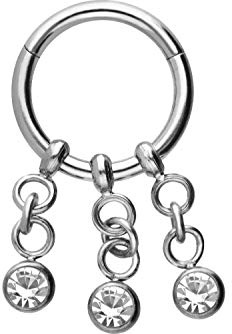 PIERCINGLINE Chirurgenstahl Segmentring Clicker | 3 Ketten + Kristalle | Piercing Septum Helix Tragus | Farbauswahl