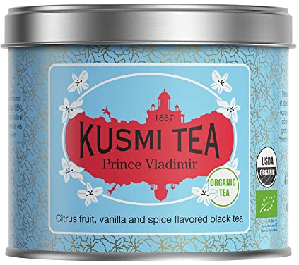 Kusmi Tea - Prince Vladimir Bio - Thé Noir Earl Grey Bio à l'Orange, Aromatisé aux Agrumes, Cannelle, Bergamote, Vanille et Épices - Boîte Thé Métal 100g - Quantité pour environ 50 Tasses