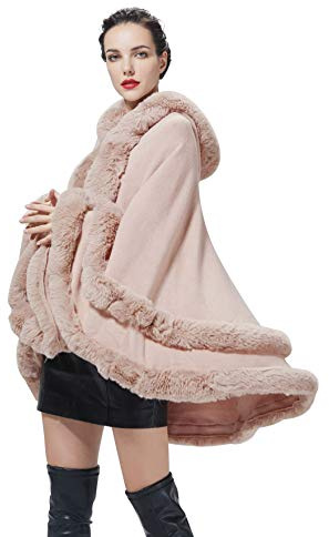 BEAUTELICATE Poncho Mantella Lavorato a Maglia con Cappuccio in Pelliccia Sintetica Scialle Stola Cappotto Cardigan Donna per Matrimonio Invernale Festa (Rosa, Taglia Unica)