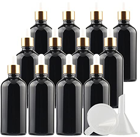 TIANZD 12 Pièces 100ml Flacons en Verre Noir avec Pipettes, 100 ml Bouteilles Compte-gouttes en Verre Vides avec Bouchon à Vis Or Pour Les Huiles Essentielles Aromathérapie