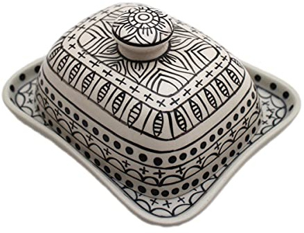 Butterdose mit Deckel Keramik Bunt Handbemalt (Schwarz/Weiß)