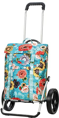 ANDERSEN Einkaufstrolley - Royal Shopper Basil Bloom blau | mit Flüsterrädern, große Räder, 25 cm, aus Alu, bis 50 kg - Tasche wasserdicht, Innenfach, Reflektoren, 50 L