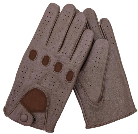Leatherick Guantes de conducción unisex de piel auténtica de cabra semisin forro, transpirables con paneles perforados y orificios para los nudillos con cierre a presión de correa de cuero