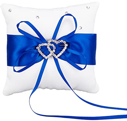 CRASPIRE Anillo Cojín Boda Matrimonio Pareja Anillo Titular Anillo Portador Cojín Anillo de Boda Almohada Nudo de Lazo Azul Corazones Dobles Diamantes Anillo de Boda Almohada