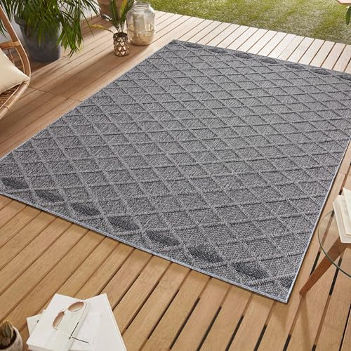 SIMPEX In & Outdoor Bouclé Teppich wetterfest Grau 240x340 cm Skandinavische Rauten Design 3D Hoch Tief Effekt großer Teppich für Terrasse Garten oder Wohnzimmer