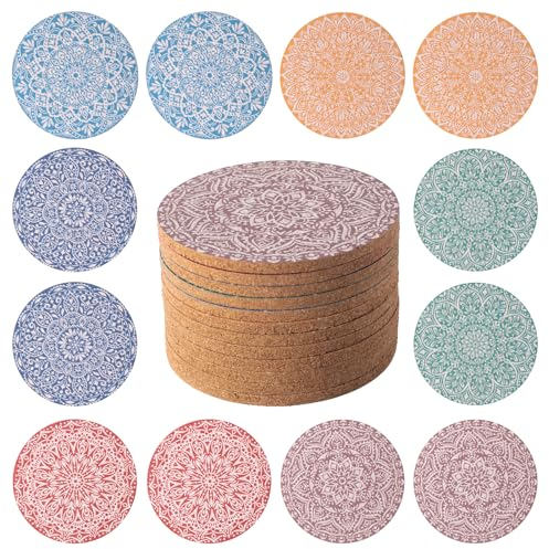 STARUBY 12 Stück Korkuntersetzer, Kork-Untersetzer für Getränke, für den Couchtisch, Saugfähige Untersetzer für Küche und Esszimmer Dekoration, rund 10cm im Durchmesser Blume2