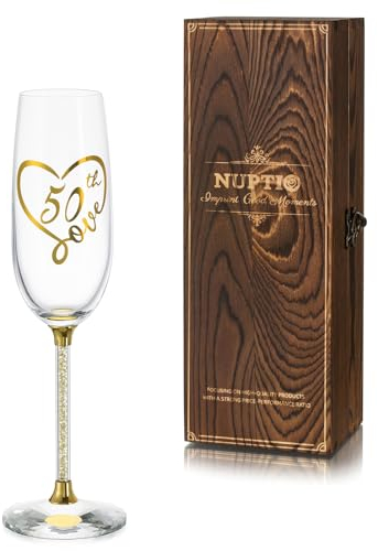 NUPTIO Champagne Flutes 50th Glasses: Birthday Prosecco Gold Crystal Engraved Flute Glass with Wooden Box Personalised Gift Idea Present for Mum Friend 7.04oz