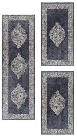 Carpetsale24 Bettumrandung Schlafzimmer 3 teilig Orientteppich Schwarz Bettvorleger Schlafzimmer Bettset: 2 St. 80x150 cm | 1 St. 80x250 cm - Flachgewebe Waschbarer Teppich Läufer Set Baumwollrücken