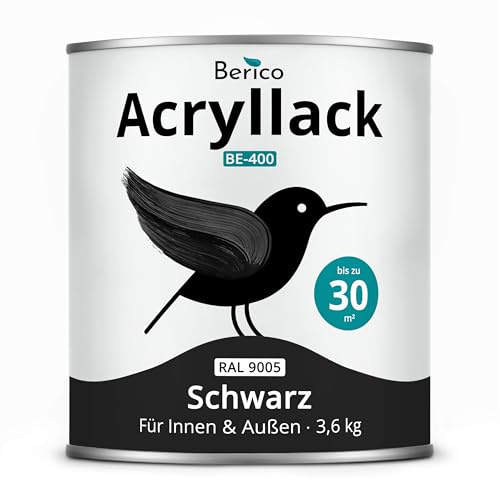 Berico Acryllack - Schwarz - 3,6 Kg - 4in1 Lack Buntlack Möbelfarbe Möbellack - Für Innen und Außen - Holz, Möbel, Metall & Fliesen