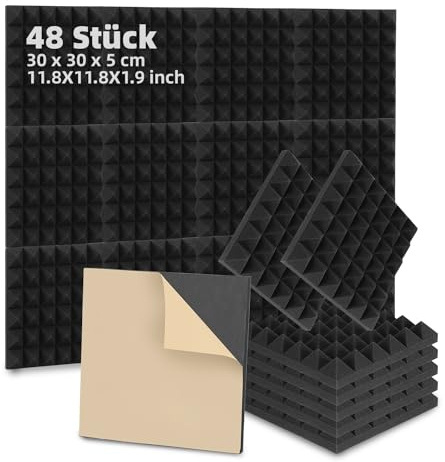 Fiqops 48 Stück Akustikschaumstoff Selbstklebend Akustikpaneele 5x30x30 cm Schalldämmung wand Echo-Fliesen reduzieren,Schallschutz für Tonstudio,Gaming Deko,Podcasts, Schwarz Pyramide