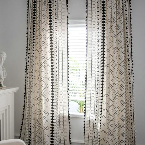 Bishilin Vorhänge Lichtdurchlässig, Gardinen Schwarz Weiß mit Ösen 2er Set 150x200CM Boho Bedruckt Baumwolle Gardinen Halbtransparent für Wohnzimmer Küche