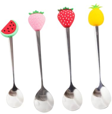 COLLBATH Fruit Shape Handled Spoons and Stainless Steel Ice Cream Spoons Set of 4 Red Strawberry Pink Strawberry Watermelon Pineapple Designs Rustproof Mixing and for Dessert and Coffee Use