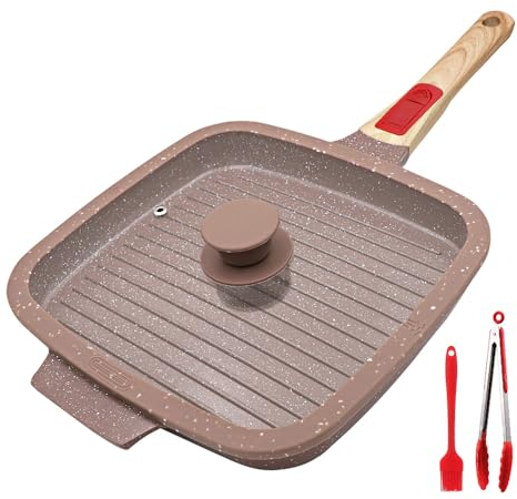 RANX INGST Bistecchiera con Rivestimento in Ceramica 24 x 26 cm, Padella Griglia con Coperchio, Pietra Quadrata con Maniglia Rimovibile per Induzione - Marrone