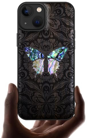 Carveit Bois Étui pour iPhone 13 Magnétique Coque, Incrustation de Coquille de Téléphone Compatible Magsafe avec Apple 13 Etui (Bois Sombre-Papillon Baroque)