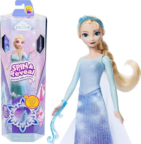 Mattel Disney Die Eiskönigin Elsa Modepuppen-Set, Spin & Reveal mit 11 Überraschungen, darunter 5 Accessoires, 5 Sticker und eine Szene zum Spielen, vom Disney-Film inspiriert, JBG59
