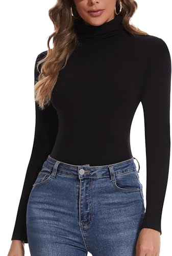 SHAPERIN Long Sleeve Top Women Polo Roll Neck Tops Plain Turtleneck Shirts