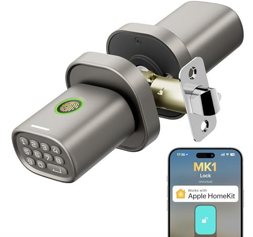 ThorBolt HomeKit Lock Over 𝗧𝗛𝗥𝗘𝗔𝗗 Smart Fingerprint Lock with Keypad Door Knob, HomeKit Hub 𝗥𝗲𝗾𝘂𝗶𝗿𝗲𝗱, 𝗶𝗢𝗦 𝗢𝗡𝗟𝗬 for Interior Door, Bedroom, Office, MK1 Titanium