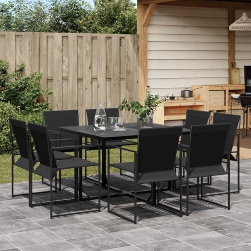 Gecheer 9-TLG. Garten Sitzgruppe Gartenmöbel Set 8 Personen Essgruppe Gartentisch mit Stühle Gartengruppe Sitzgarnitur Gartengarnitur Terassenmöbel Schwarz Textilene