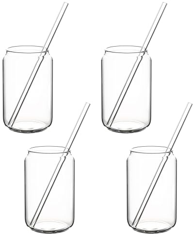 Hanseküche Lot de 4 verres à boire avec paille en verre [4 x 450 ml] – Parfait pour le café glacé, l'eau et les cocktails – Verres à long drink, à café glacé et à café – Verre à café glacé et verre à