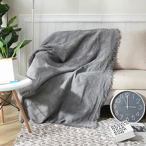 Graue weiche Picknickdecke aus Baumwolle, 90 x 340 cm, Boho-Stil, Outdoor-Teppich und Strandmatte mit Quaste, perfekt für Sofa, Picknick und Camping
