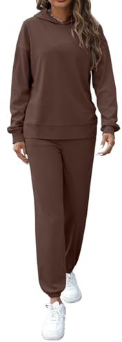 REORIA Women Cotton Tracksuit Set Long Sleeve Two Piece Outfit Solid Color Lounge Wear Sets Hoodies and Jogger Co Ord Sets Coffee L