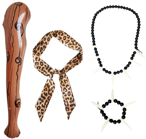 EUPSIIU 4 Stück Wilde Höhlenmensch Kostüm Zubehör Aufblasbarer Streitkolben Leoparden Stirnband lfenbein Armband Halskette, Höhlenmensch Stab Höhle Kostüm für Damen Herren Karneval Cosplay