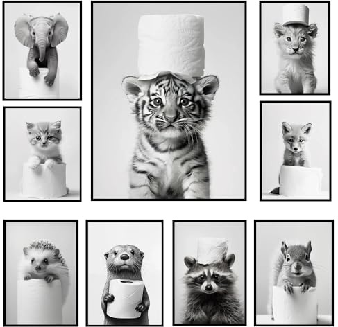 BeiYiHo Bilder Badezimmer Tiere Schwarz Weiß Poster Lustige Tiere Bild Toilette Tier Tiger 40x50 Wandbild WC Deko Kunstdruck Bad Leinwand Modern