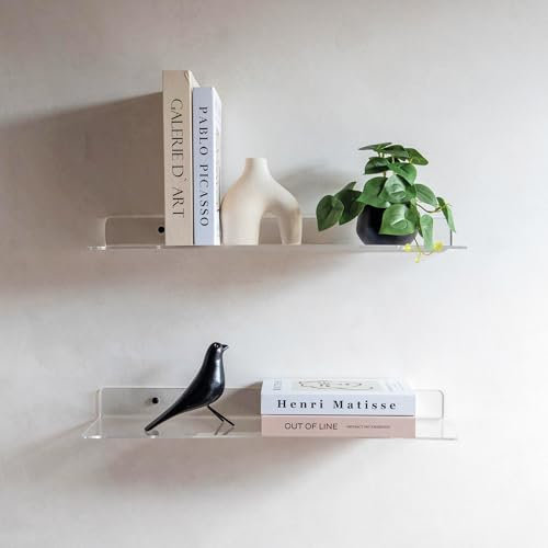 MILUKA Mensole da parete Trasparenti 60×15 cm (Set da 2) in Plexiglass Acrilico | Effetto Vetro, Fissaggio Invisibile | Organizer Salvaspazio per Libri, Quadri e Piante