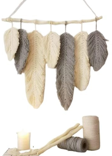 Décoration murale, tapisserie tissée, tenture murale en macramé, plumes faites à la main, décor bohème chic, pompons de feuilles tissées, décoration en coton, tapisserie for chambre à coucher, salon(G